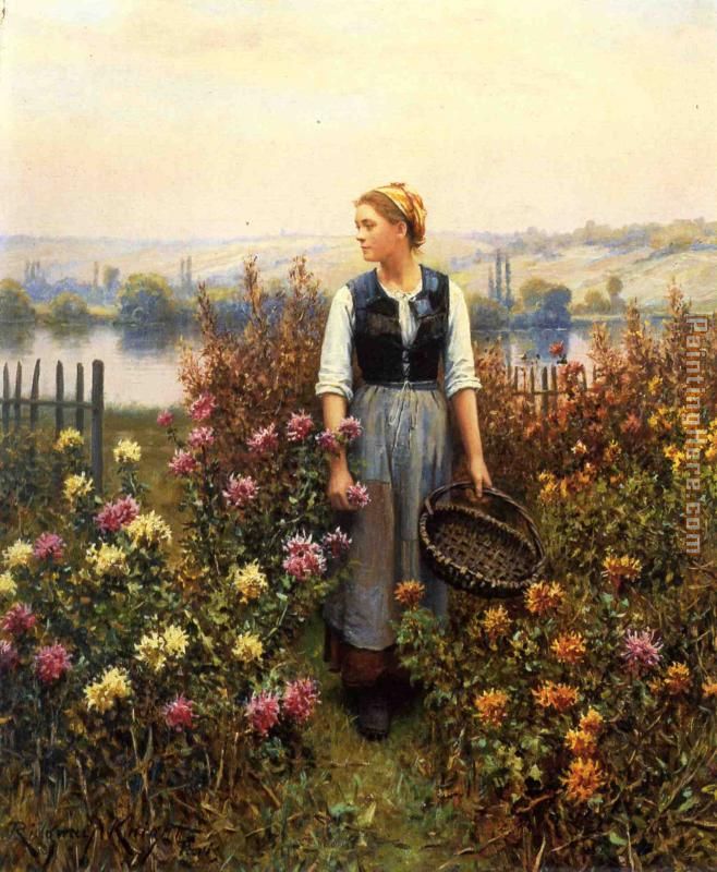 Girl with a Basket in a Garden painting - Daniel Ridgway Knight Girl with a Basket in a Garden art painting